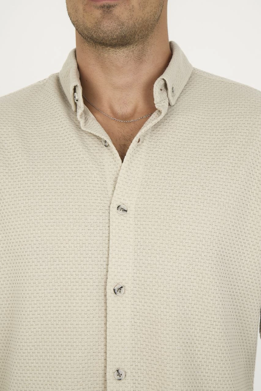 Düğmeli Tam Kalıp Uzun Kol Jakar Gömlek - Gri