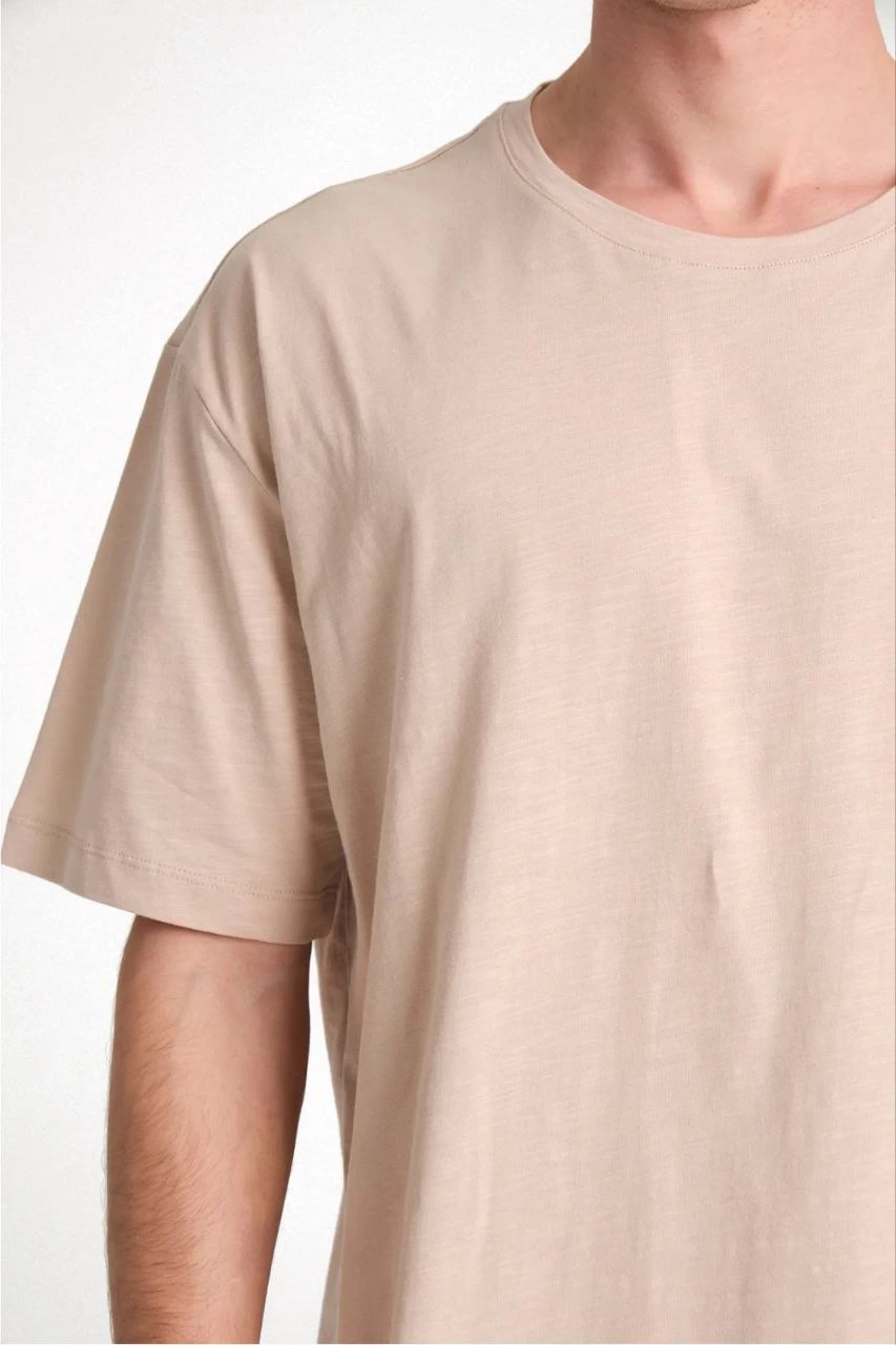Erkek 24/1 Düz A Kalite Oversize T-shirt - Bej