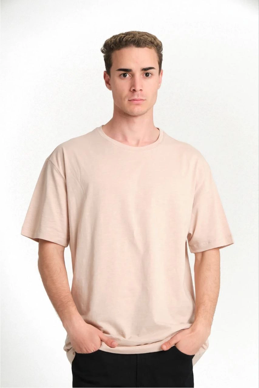 Erkek 24/1 Düz A Kalite Oversize T-shirt - Bej