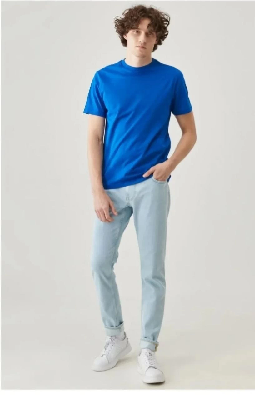 Erkek 24/1 Düz A Kalite Oversize T-shirt - Mavi