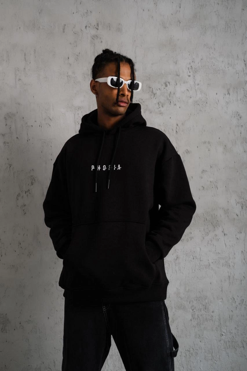 Erkek Astronot Baskılı Kapüşonlu Sweat - Siyah