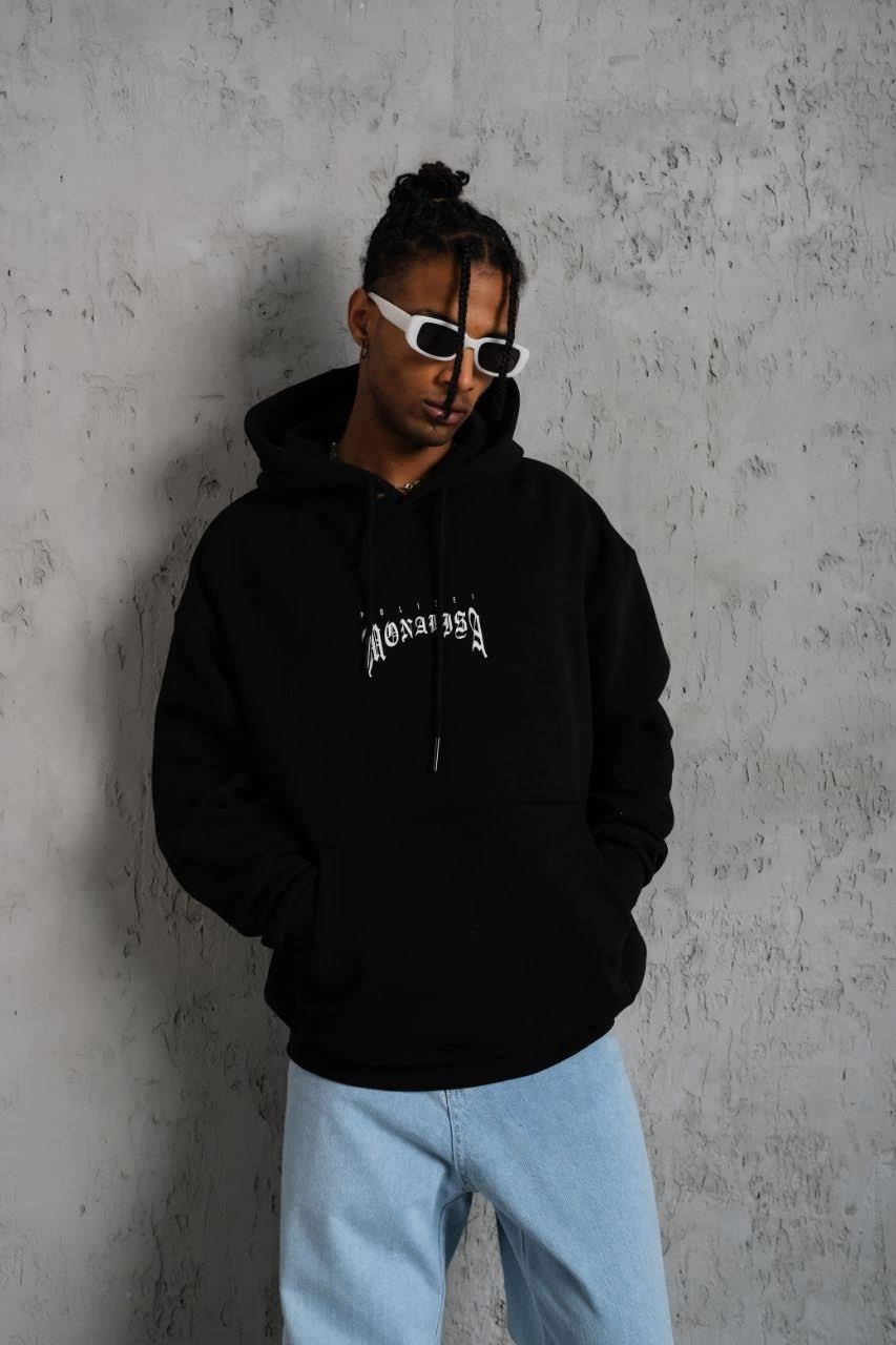 Erkek Baskılı Kapüşonlu ve Kanguru Cepli Sweat - Siyah