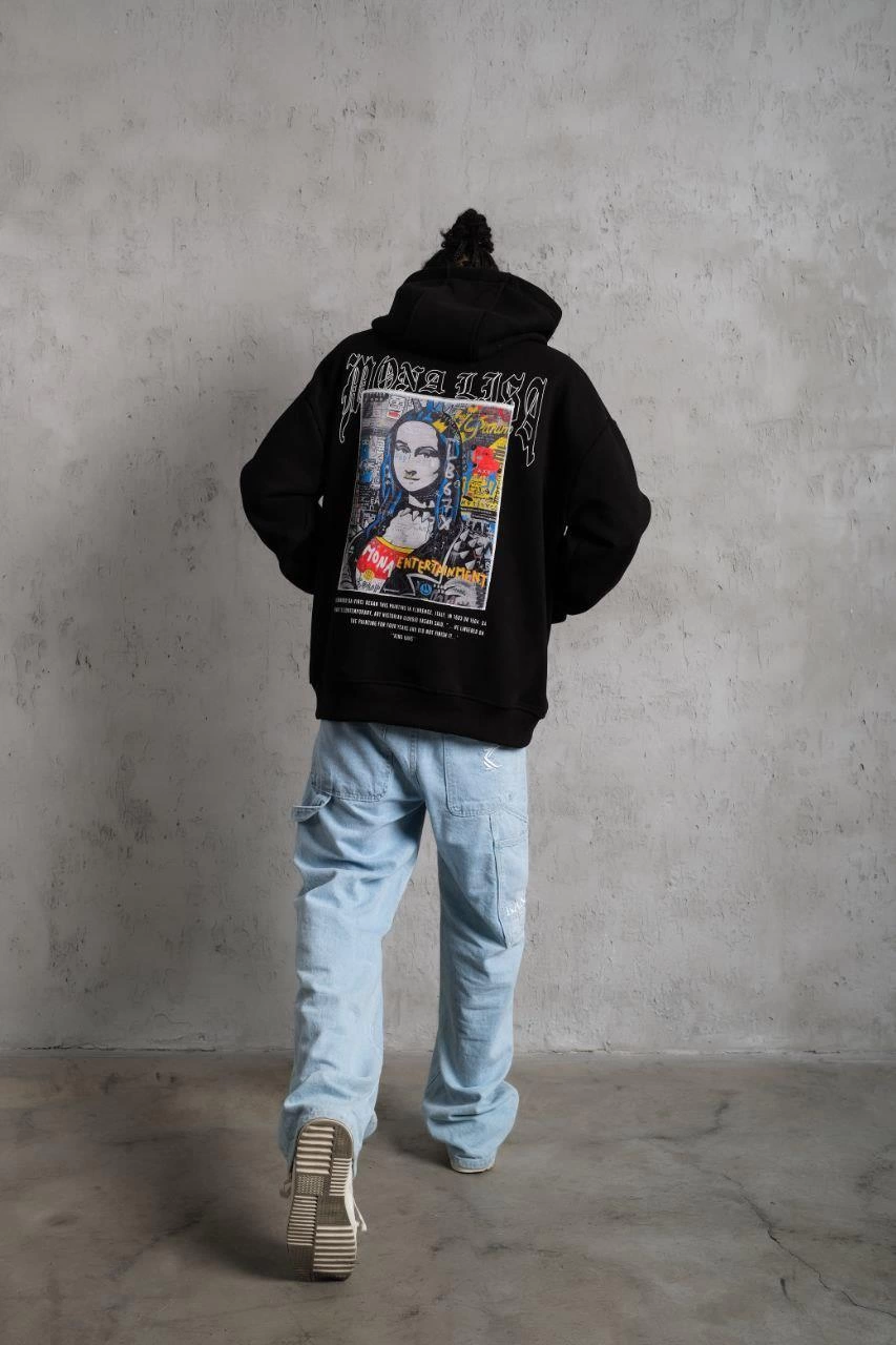 Erkek Baskılı Kapüşonlu ve Kanguru Cepli Sweat - Siyah