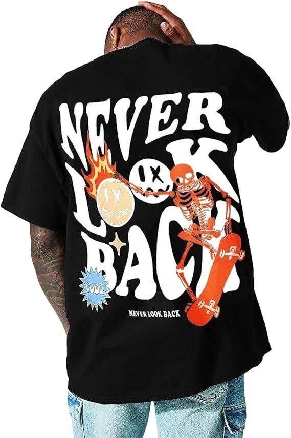 Erkek Bisiklet Yaka Kısa Kol Baskılı T-shirt - Siyah