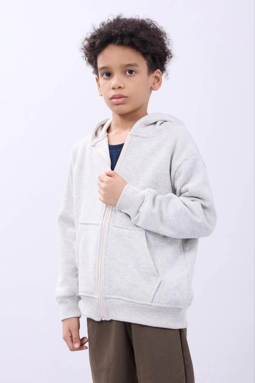 Erkek Çocuk Kapüşonlu Kanguru Çepli Tam Fermuarlı Hırka SweatShirt - Gri