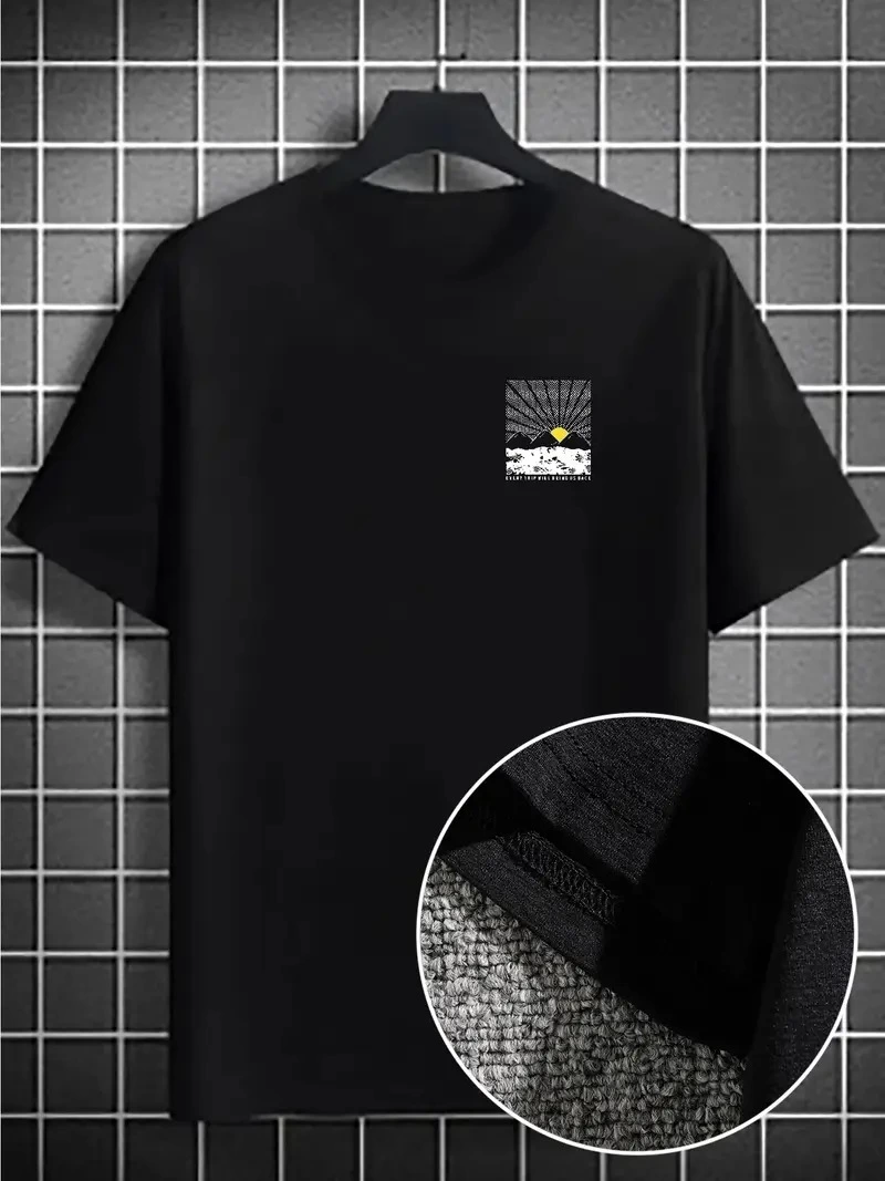 Erkek Dağ Grafikli Tişört, Yaz için Büyük Beden Rahat T-shirt - Siyah