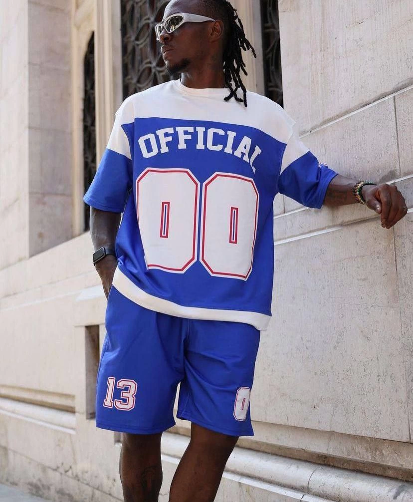 Erkek Şortlu Takım – Oversize İki İplik Kumaş, Ön & Arka Dijital Baskılı Tişört ve Lastikli Cepli Şort, Yazlık Günlük Spor Set - Mavi