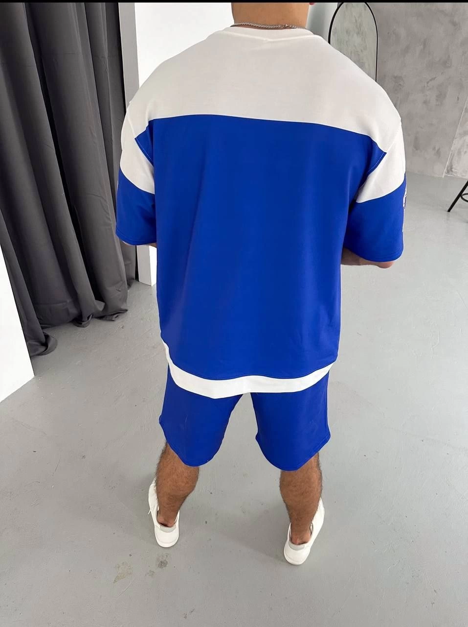 Erkek Şortlu Takım – Oversize İki İplik Kumaş, Ön & Arka Dijital Baskılı Tişört ve Lastikli Cepli Şort, Yazlık Günlük Spor Set - Mavi