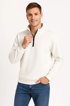 Erkek Dik Yaka Sweatshirt Dik Yaka Yarım Fermuarlı 3 İplik Şardonlu Pamuk Kumaş - Beyaz