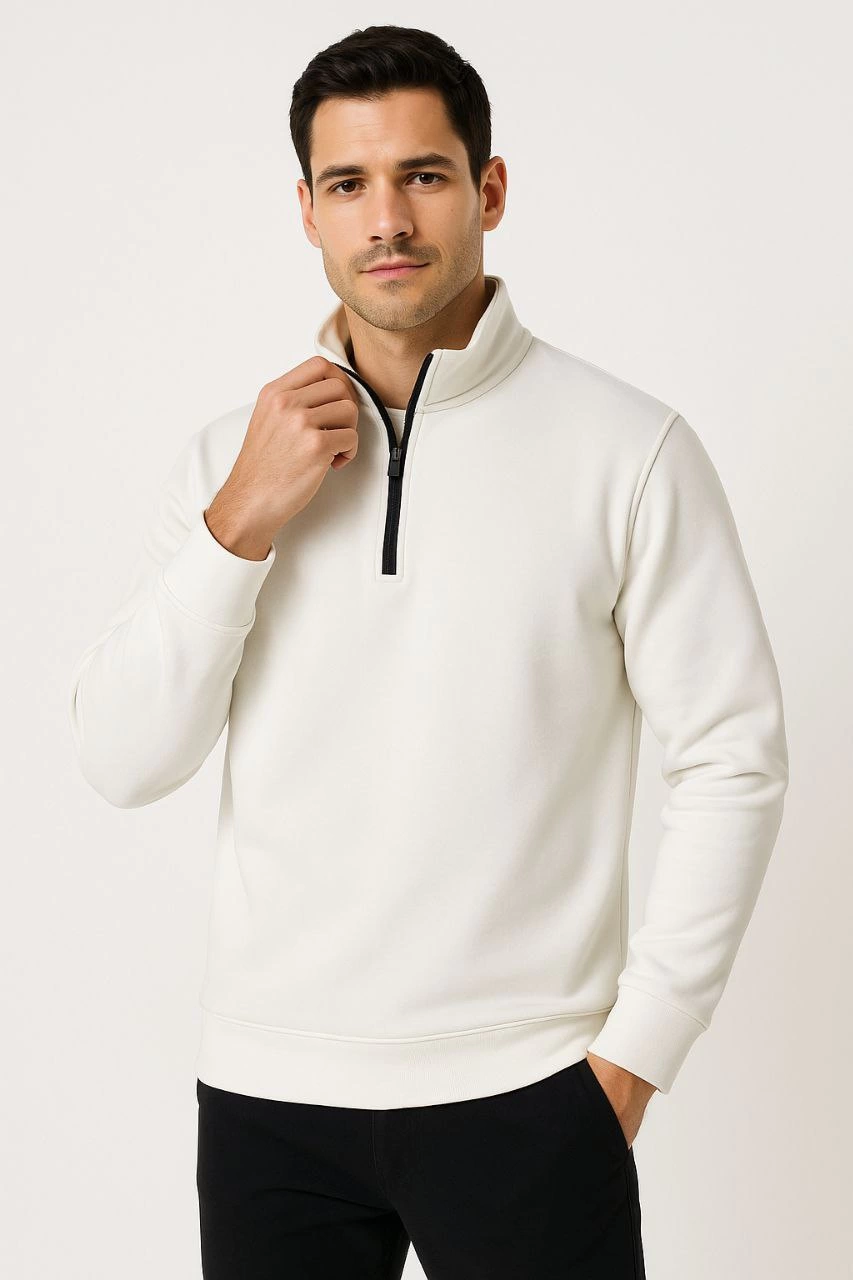Erkek Dik Yaka Sweatshirt Dik Yaka Yarım Fermuarlı 3 İplik Şardonlu Pamuk Kumaş - Beyaz
