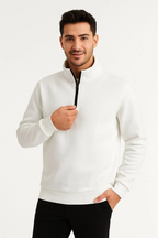 Erkek Dik Yaka Sweatshirt Dik Yaka Yarım Fermuarlı 3 İplik Şardonlu Pamuk Kumaş - Beyaz