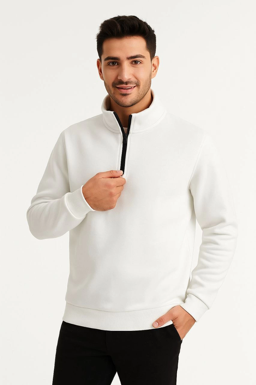 Erkek Dik Yaka Sweatshirt Dik Yaka Yarım Fermuarlı 3 İplik Şardonlu Pamuk Kumaş - Beyaz
