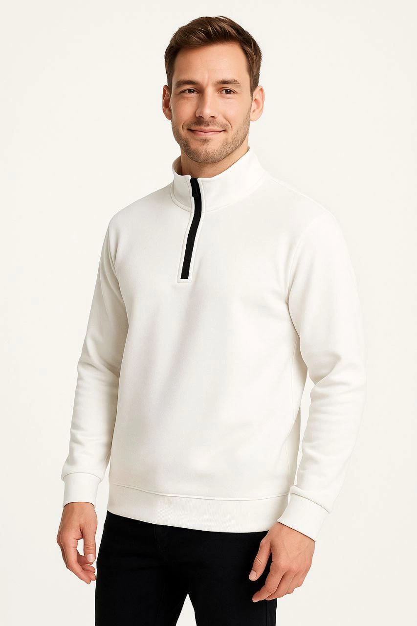 Erkek Dik Yaka Sweatshirt Dik Yaka Yarım Fermuarlı 3 İplik Şardonlu Pamuk Kumaş - Beyaz