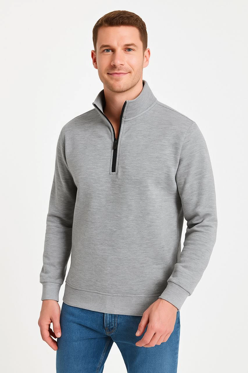 Erkek Dik Yaka Sweatshirt Dik Yaka Yarım Fermuarlı 3 İplik Şardonlu Pamuk Kumaş - Gri