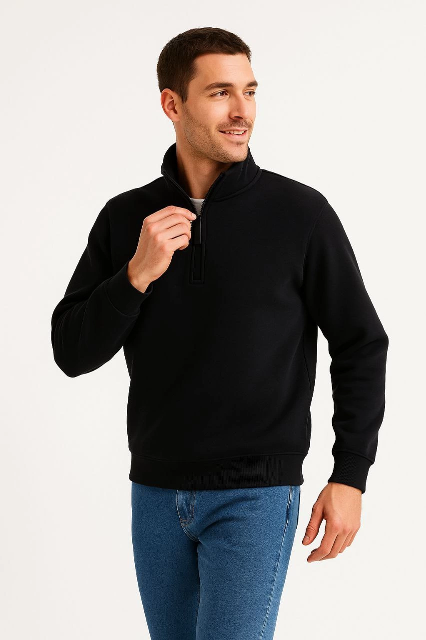 Erkek Dik Yaka Sweatshirt Dik Yaka Yarım Fermuarlı 3 İplik Şardonlu Pamuk Kumaş - Siyah