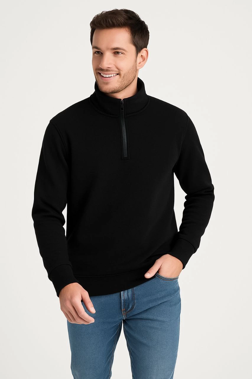 Erkek Dik Yaka Sweatshirt Dik Yaka Yarım Fermuarlı 3 İplik Şardonlu Pamuk Kumaş - Siyah