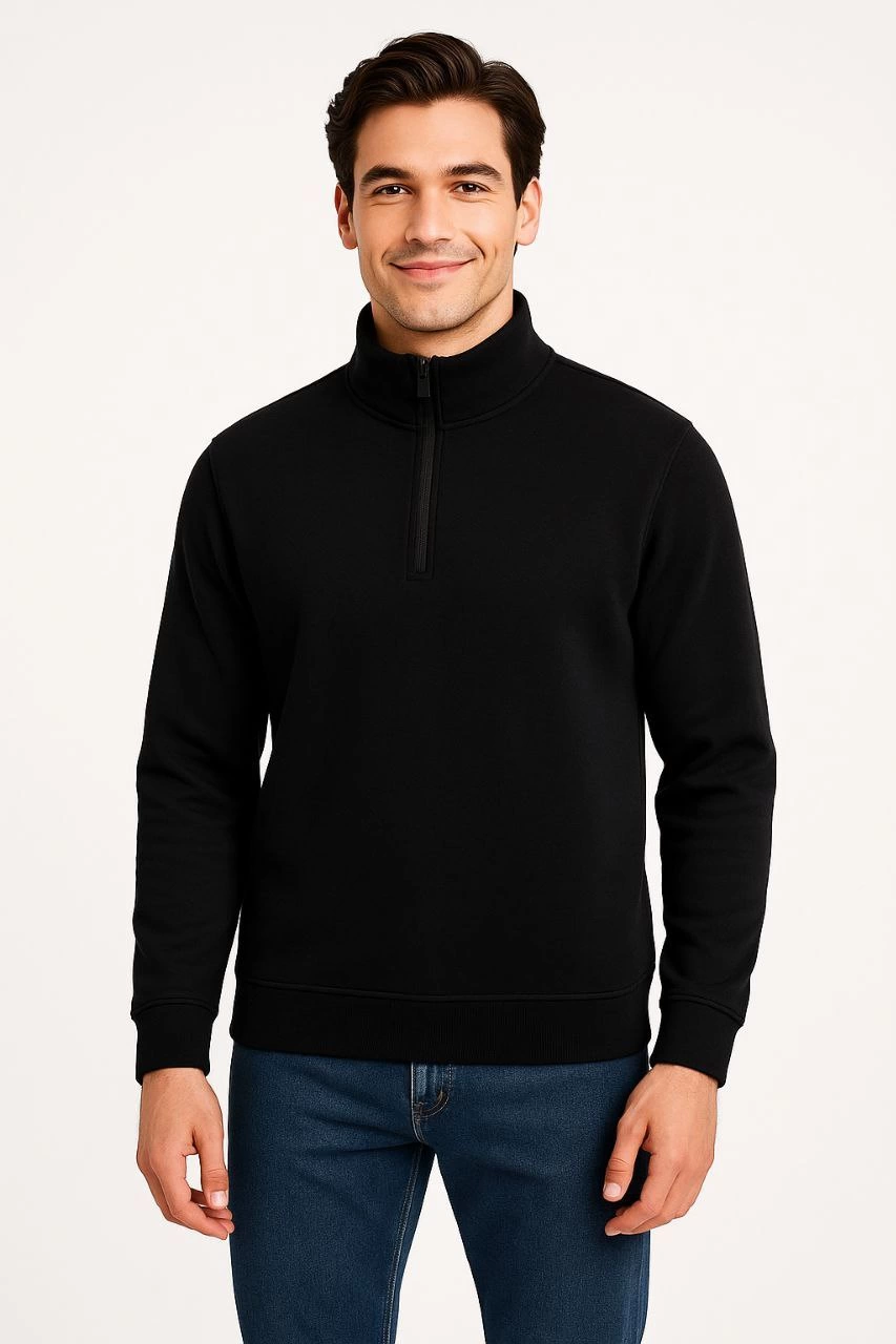 Erkek Dik Yaka Sweatshirt Dik Yaka Yarım Fermuarlı 3 İplik Şardonlu Pamuk Kumaş - Siyah
