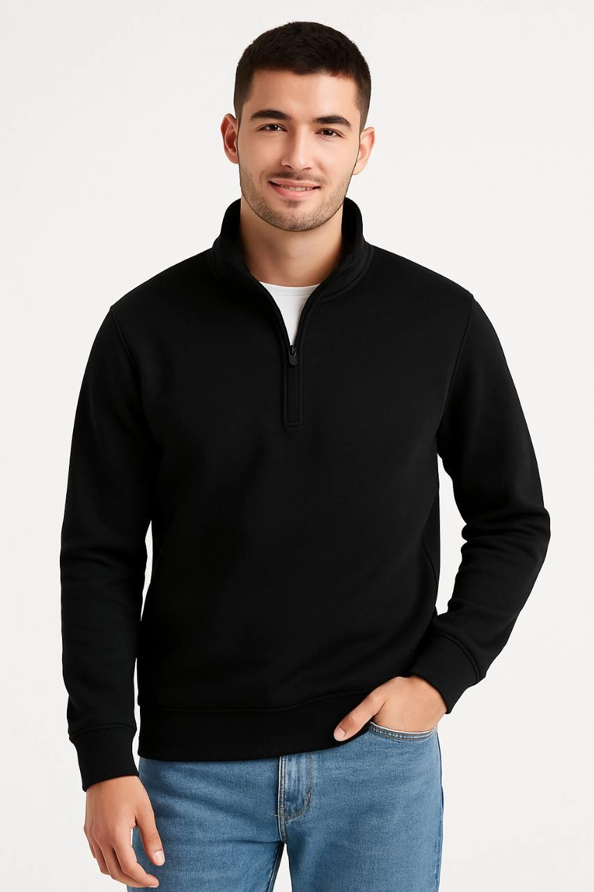 Erkek Dik Yaka Sweatshirt Dik Yaka Yarım Fermuarlı 3 İplik Şardonlu Pamuk Kumaş - Siyah