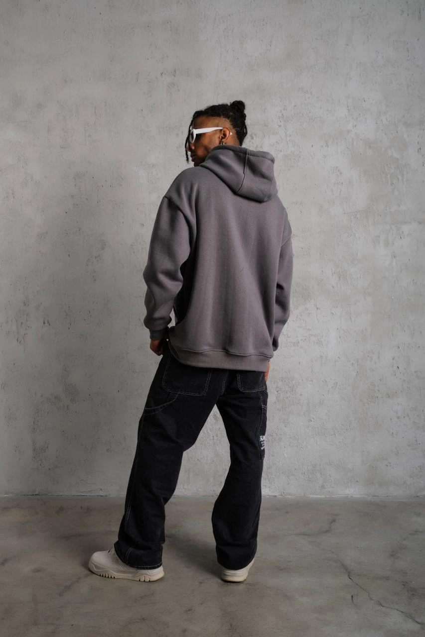 Erkek Düz Kapüşonlu Sweat - Gri