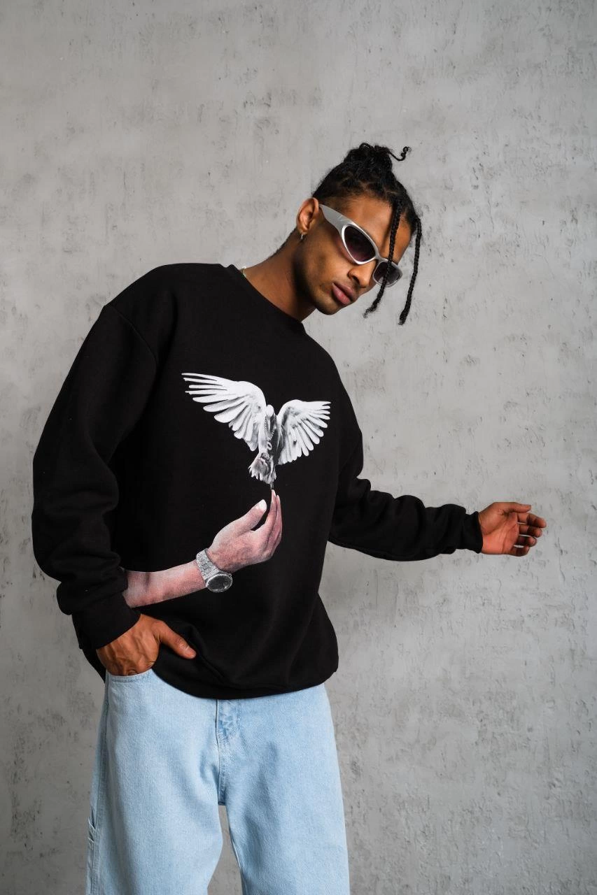 Erkek Güvercin Baskılı Sweatshirt - Siyah