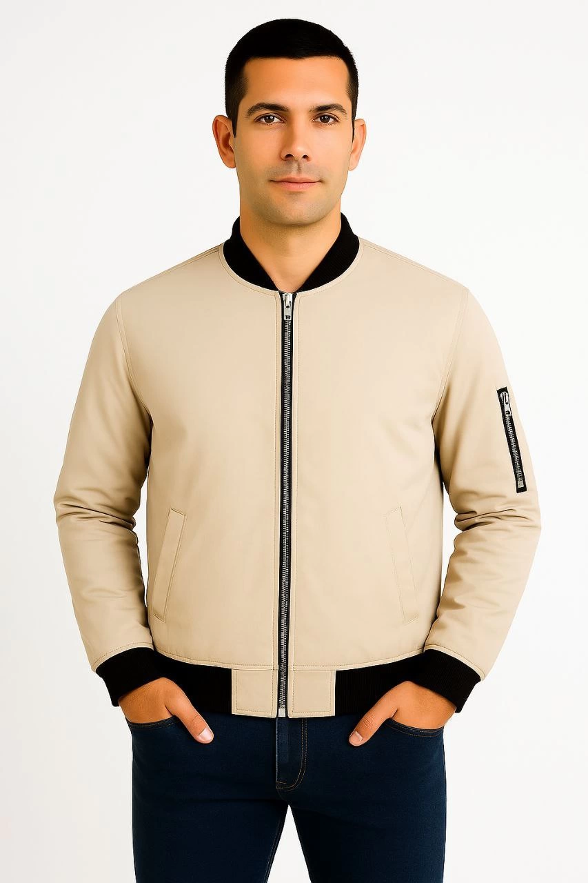 Erkek Bomber Mont Ceket – Fermuarlı, Kapitone İçi Astarlı, Su İtici Kumaş, Regular Fit, Uzun Kollu, Yandan Cepli, Bahar & Kış Rahat Günlük Stil - Bej