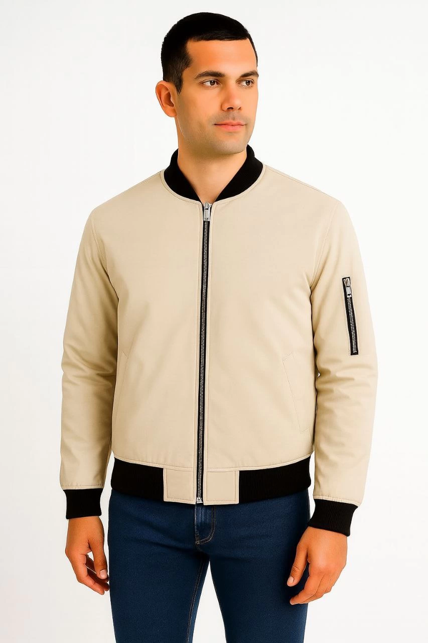 Erkek Bomber Mont Ceket – Fermuarlı, Kapitone İçi Astarlı, Su İtici Kumaş, Regular Fit, Uzun Kollu, Yandan Cepli, Bahar & Kış Rahat Günlük Stil - Bej