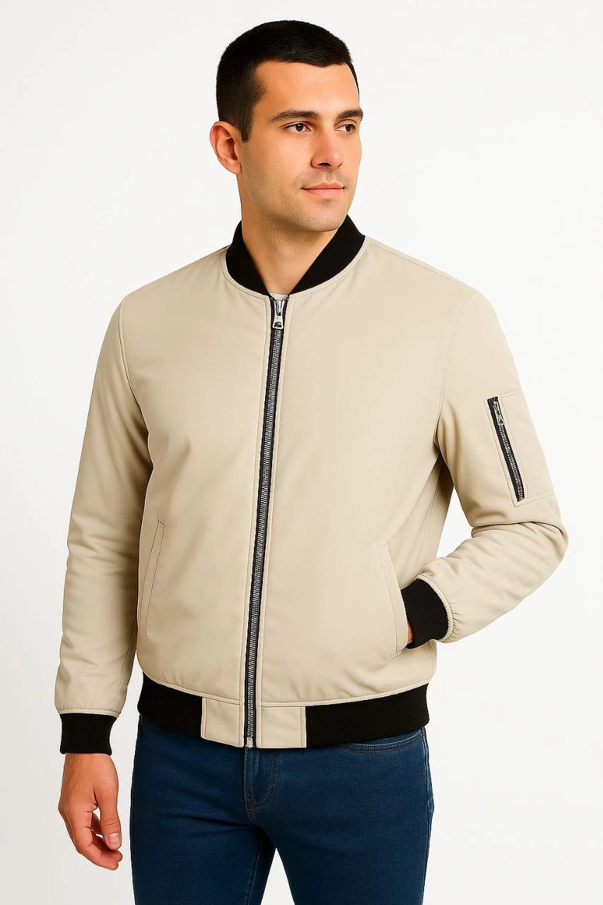 Erkek Bomber Mont Ceket – Fermuarlı, Kapitone İçi Astarlı, Su İtici Kumaş, Regular Fit, Uzun Kollu, Yandan Cepli, Bahar & Kış Rahat Günlük Stil - Bej