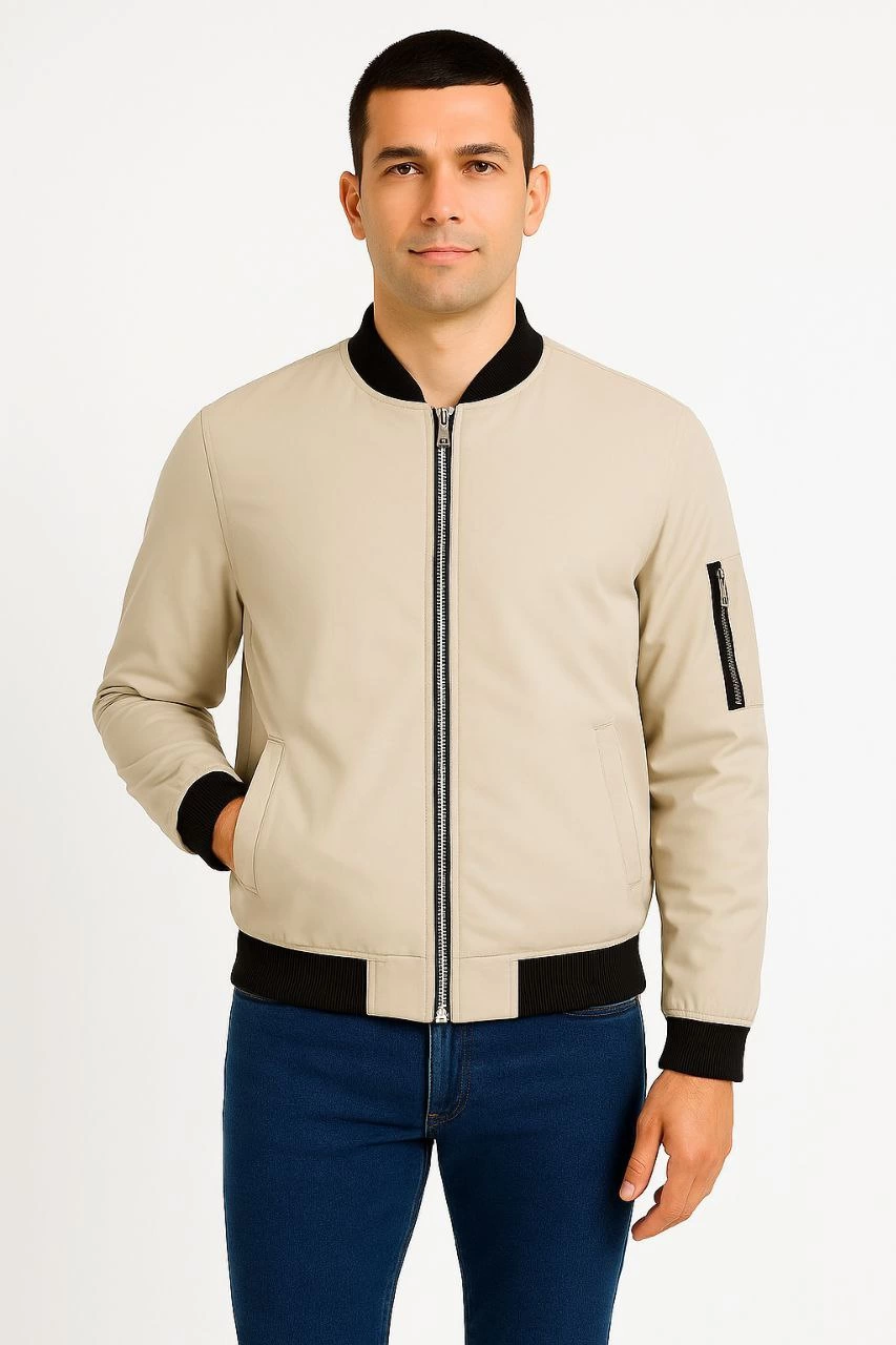 Erkek Bomber Mont Ceket – Fermuarlı, Kapitone İçi Astarlı, Su İtici Kumaş, Regular Fit, Uzun Kollu, Yandan Cepli, Bahar & Kış Rahat Günlük Stil - Bej