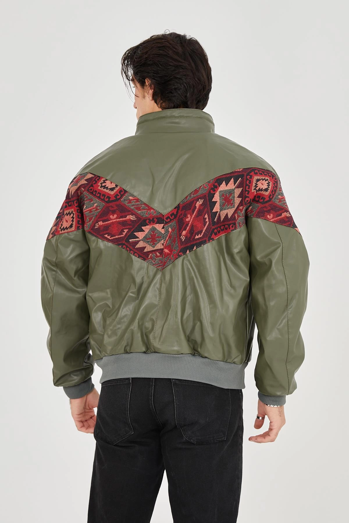 Erkek İçi Astarlı İçten Yaka Kısmı Peluşlu Suni Kumaş Vintage Ceket - Haki