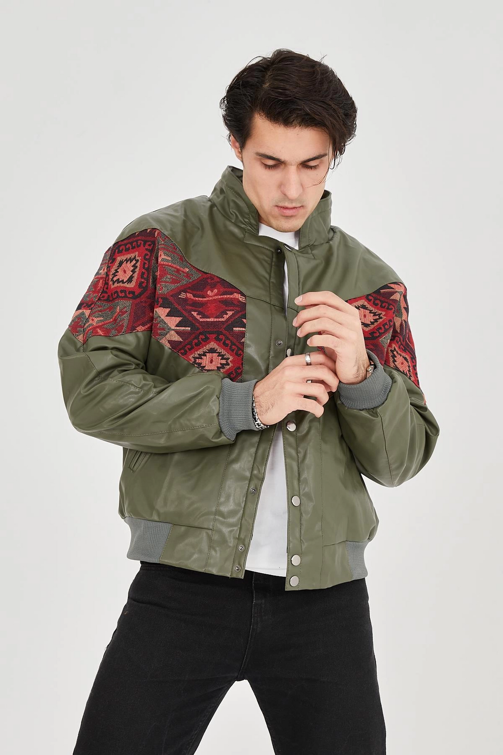 Erkek İçi Astarlı İçten Yaka Kısmı Peluşlu Suni Kumaş Vintage Ceket - Haki