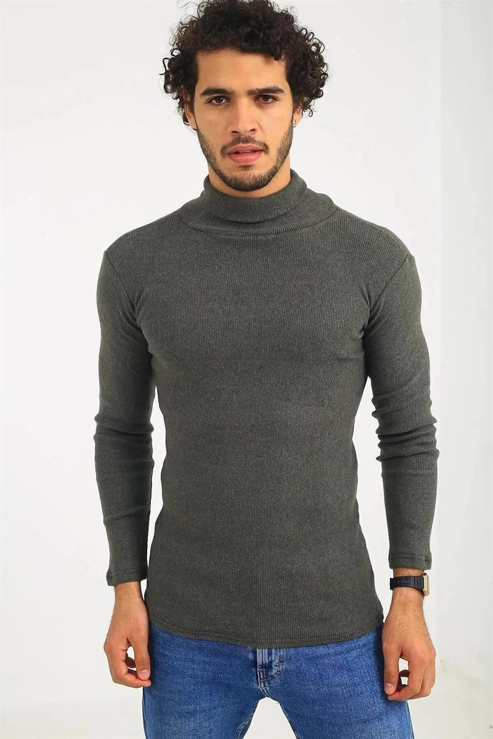 Erkek Kaşkorse Boğazlı Full Likralı Fitilli Body Kazak - Haki