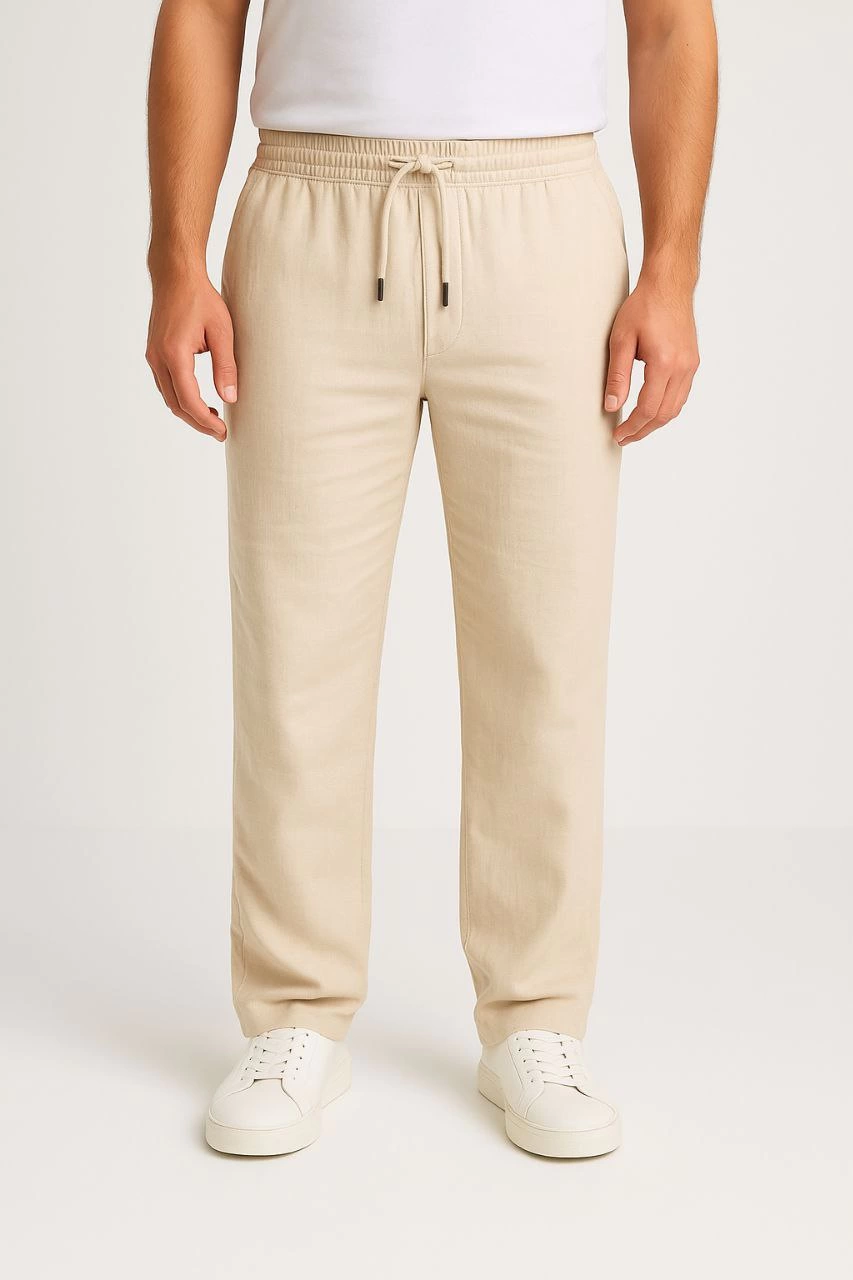 Erkek Keten Pantolon – Cepli, Beli Lastikli ve Bağcıklı, Nefes Alan Rahat Kalıp, Yazlık ve Baharlık Günlük Giyim, Şık & Konforlu Boru Paça Model - Bej