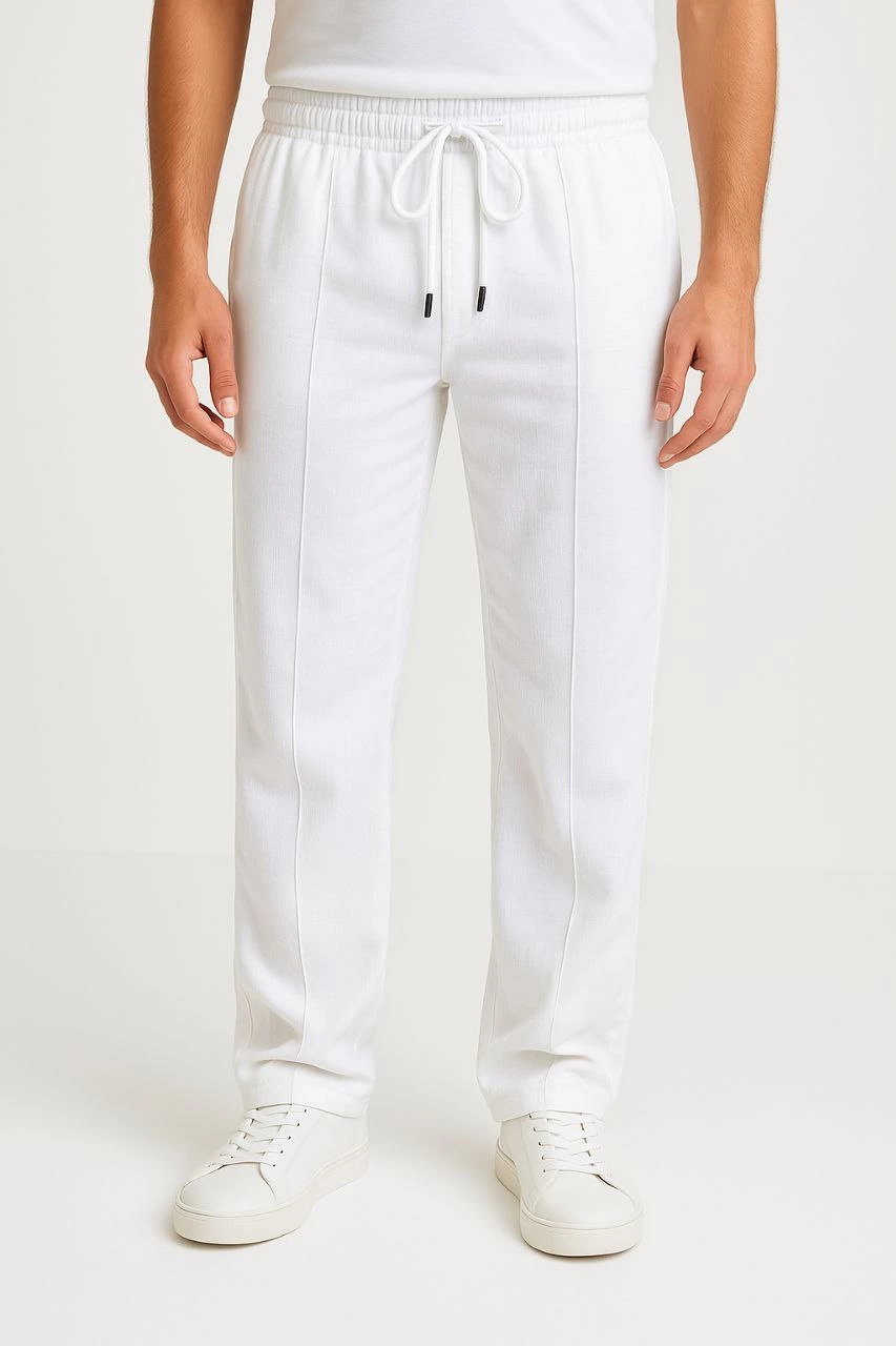 Erkek Keten Pantolon – Cepli, Beli Lastikli ve Bağcıklı, Nefes Alan Rahat Kalıp, Yazlık ve Baharlık Günlük Giyim, Şık & Konforlu Boru Paça Model - Beyaz