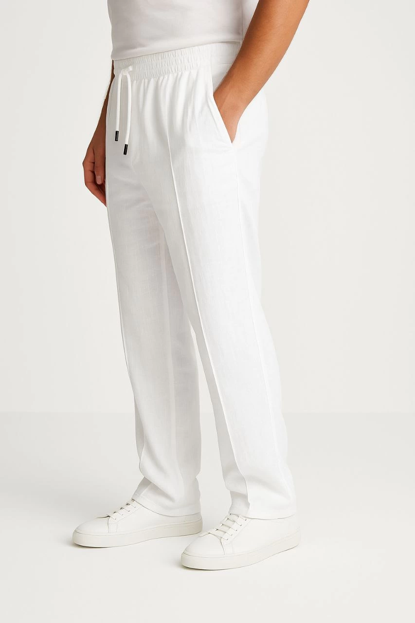 Erkek Keten Pantolon – Cepli, Beli Lastikli ve Bağcıklı, Nefes Alan Rahat Kalıp, Yazlık ve Baharlık Günlük Giyim, Şık & Konforlu Boru Paça Model - Beyaz