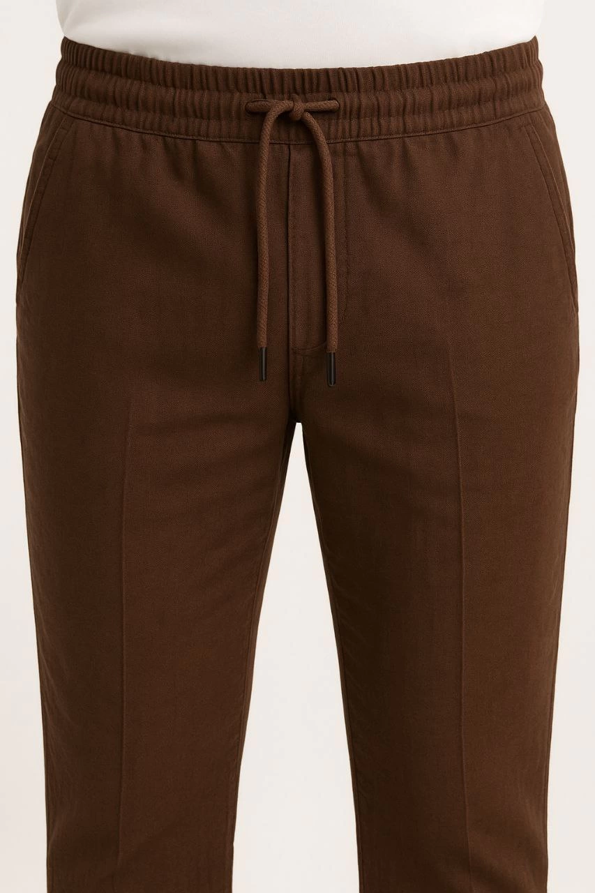 Erkek Keten Pantolon – Cepli, Beli Lastikli ve Bağcıklı, Nefes Alan Rahat Kalıp, Yazlık ve Baharlık Günlük Giyim, Şık & Konforlu Boru Paça Model - Kahverengi