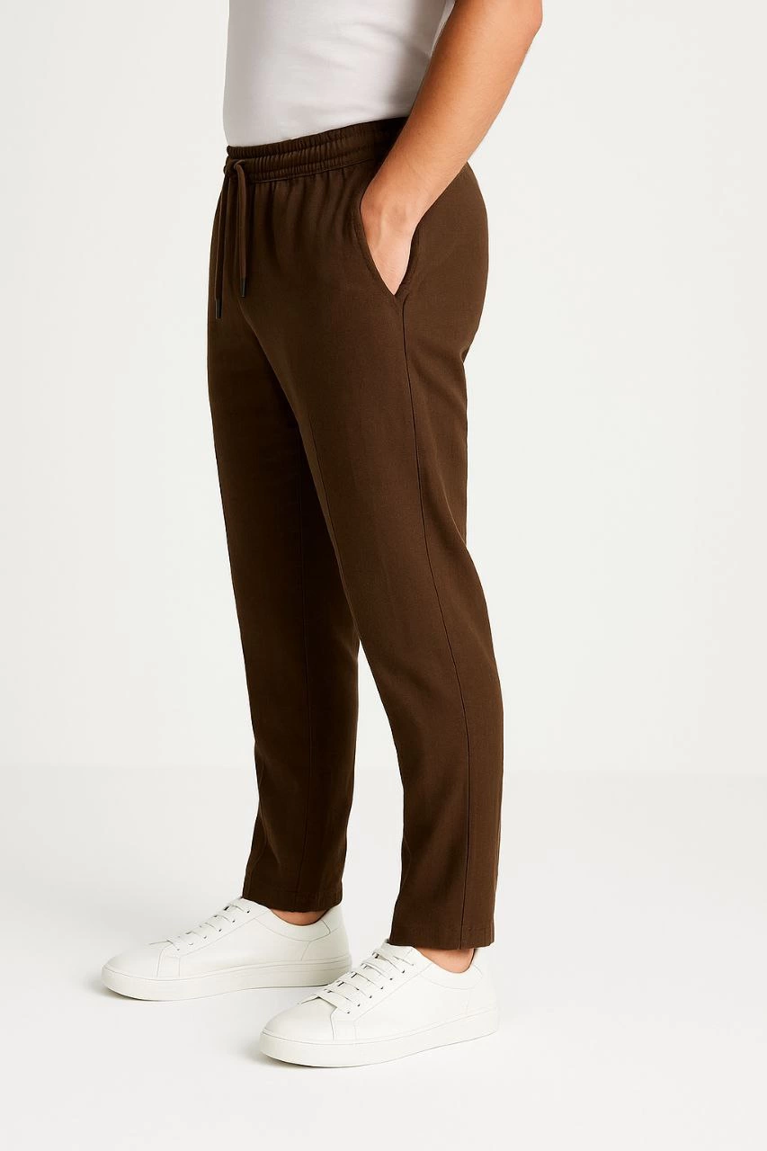 Erkek Keten Pantolon – Cepli, Beli Lastikli ve Bağcıklı, Nefes Alan Rahat Kalıp, Yazlık ve Baharlık Günlük Giyim, Şık & Konforlu Boru Paça Model - Kahverengi