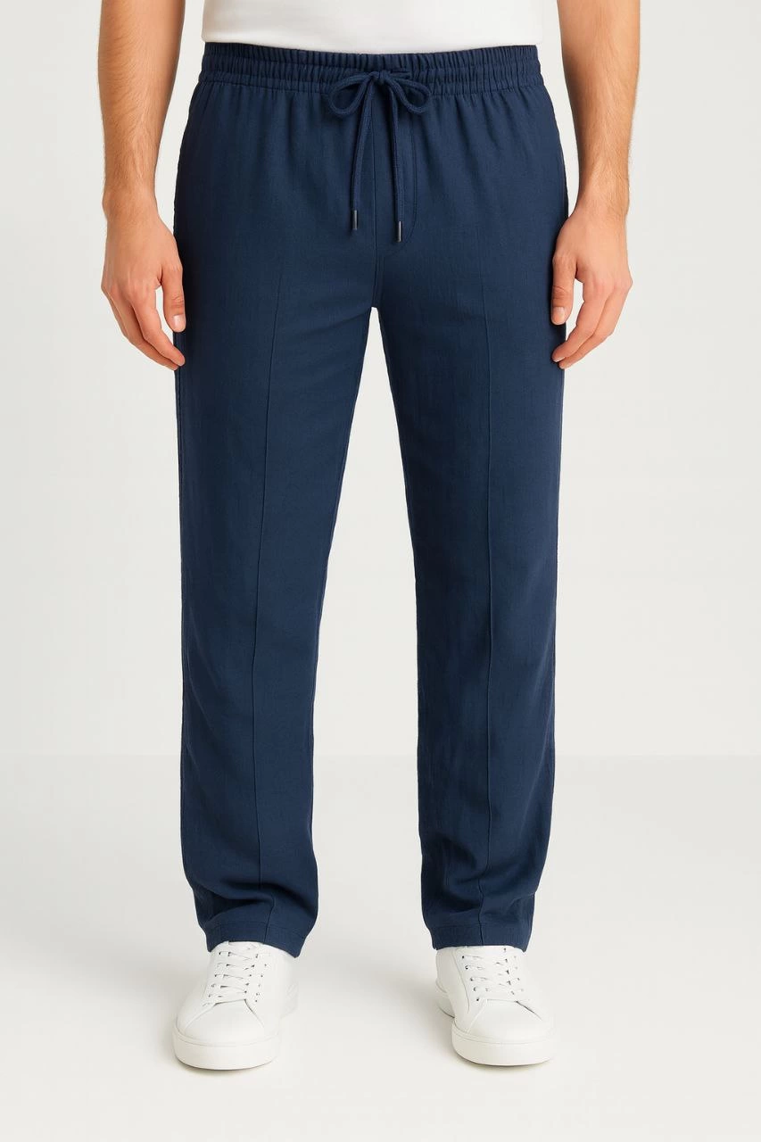 Erkek Keten Pantolon – Cepli, Beli Lastikli ve Bağcıklı, Nefes Alan Rahat Kalıp, Yazlık ve Baharlık Günlük Giyim, Şık & Konforlu Boru Paça Model - Lacivert