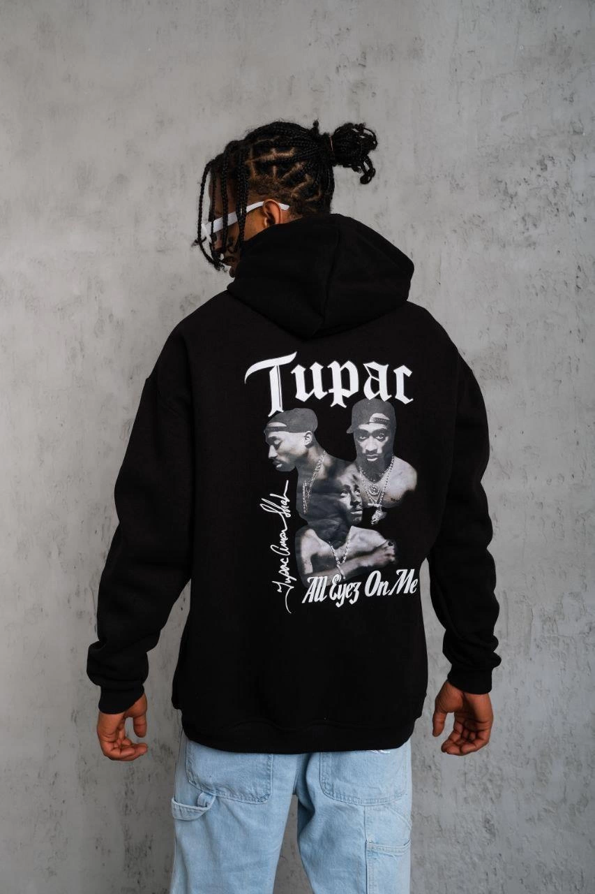 Erkek Oversize Üç İplik Kapüşonlu Sweat – Siyah Kol ve Etek Ribana Detaylı, Ön ve Sırt Baskılı, Kanguru Cepli Rahat Kalıp Model