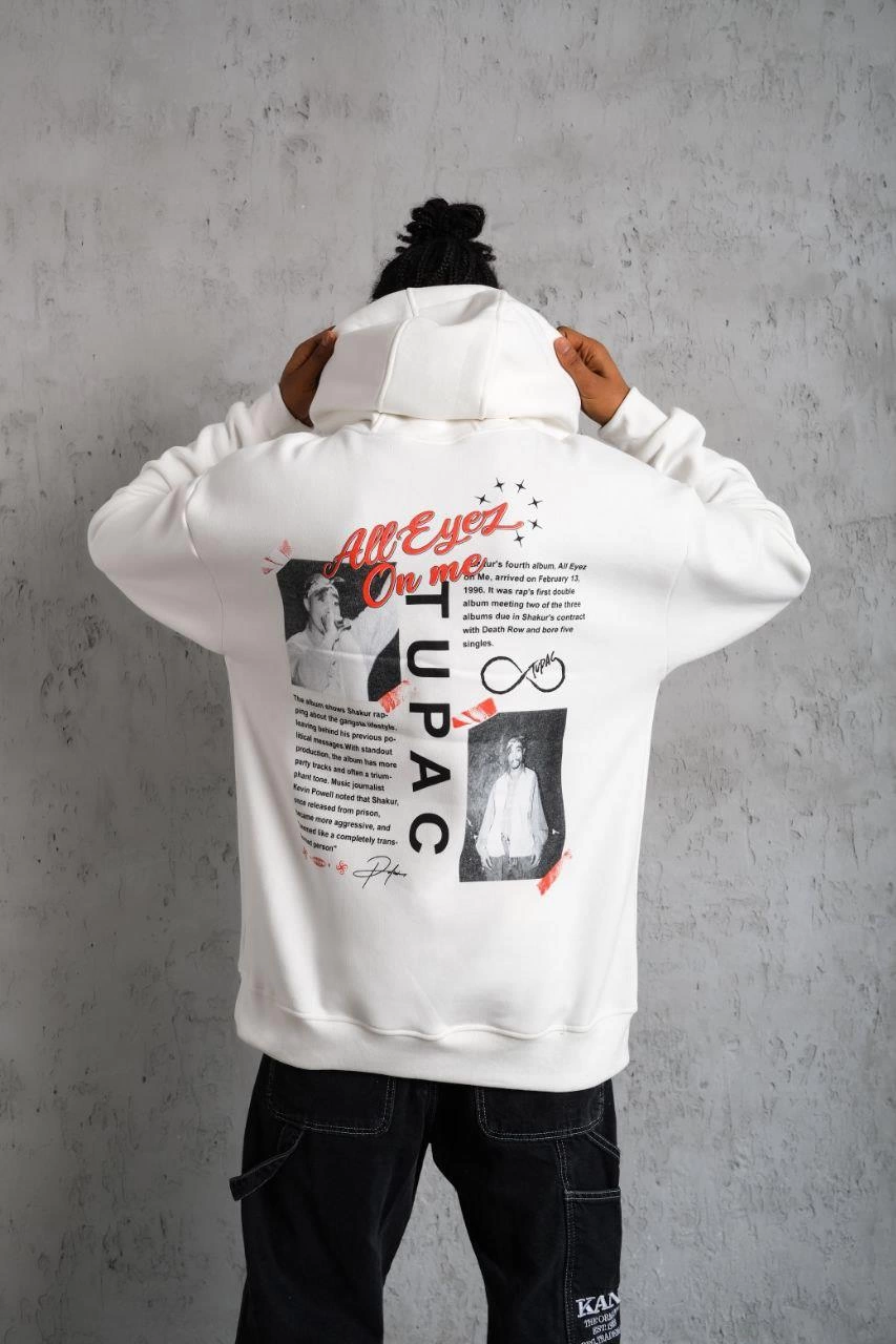 Erkek Ön Arka Baskılı Kapşonlu Sweat - Beyaz