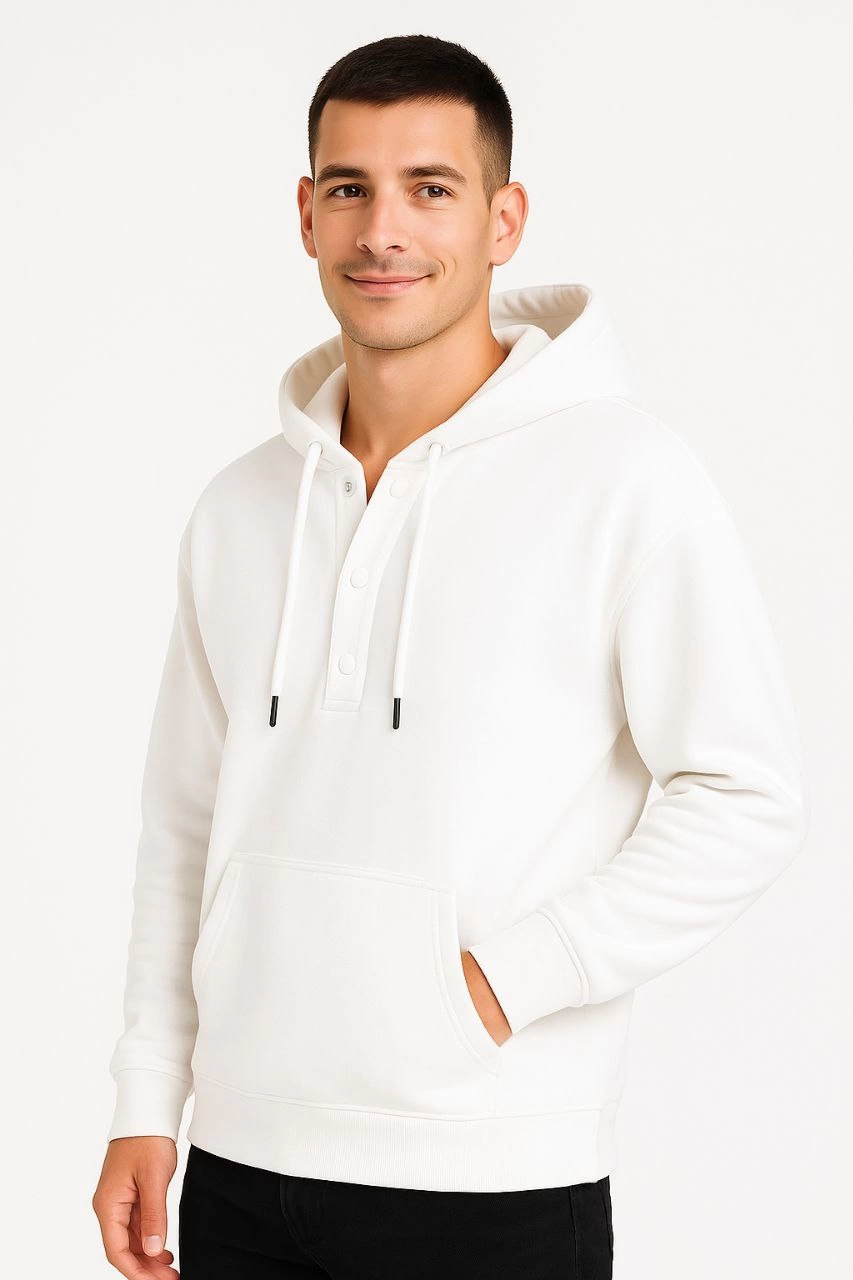 Erkek Ovarsize Kapüşonlu Swetshirt Kanguru Çepli Cıtcıtlı 3 iplik Şardonlu Hoodie - Beyaz