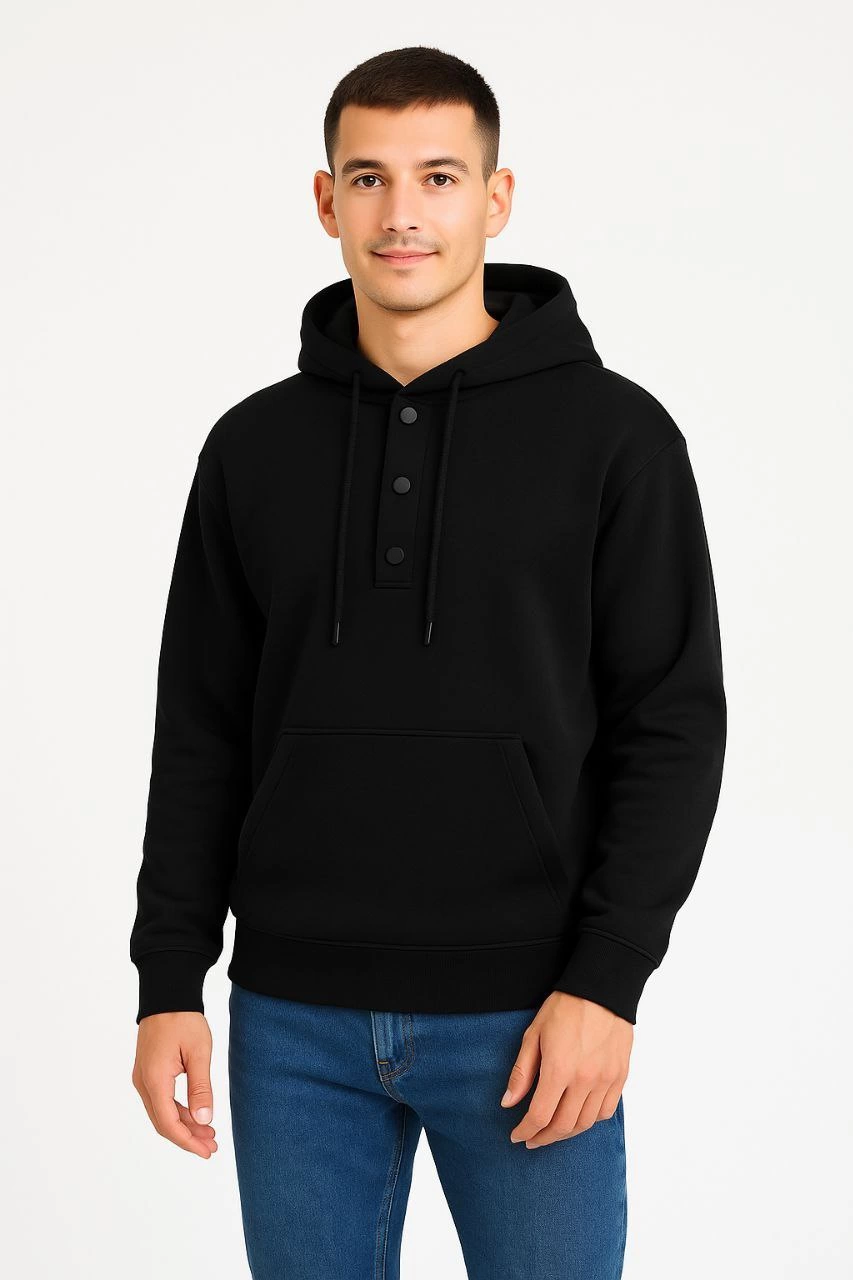Erkek Ovarsize Kapüşonlu Swetshirt Kanguru Çepli Cıtcıtlı 3 iplik Şardonlu Hoodie - Siyah