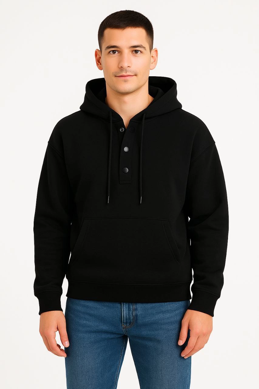 Erkek Ovarsize Kapüşonlu Swetshirt Kanguru Çepli Cıtcıtlı 3 iplik Şardonlu Hoodie - Siyah