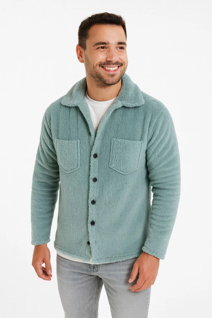 Erkek Pelüş Polar Hırka Gömlek – Yakalı, İlik Düğmeli, Göğüs Cepli, Yumuşak Dokulu Kışlık Regular Fit Rahat Günlük Model - Bebe Mavisi