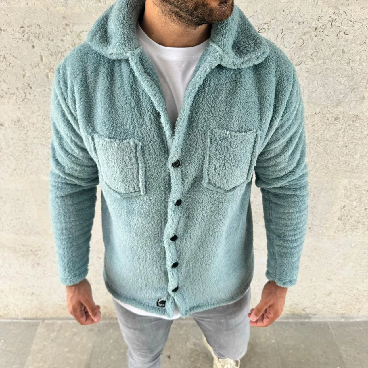 Erkek Pelüş Polar Hırka Gömlek – Yakalı, İlik Düğmeli, Göğüs Cepli, Yumuşak Dokulu Kışlık Regular Fit Rahat Günlük Model - Bebe Mavisi