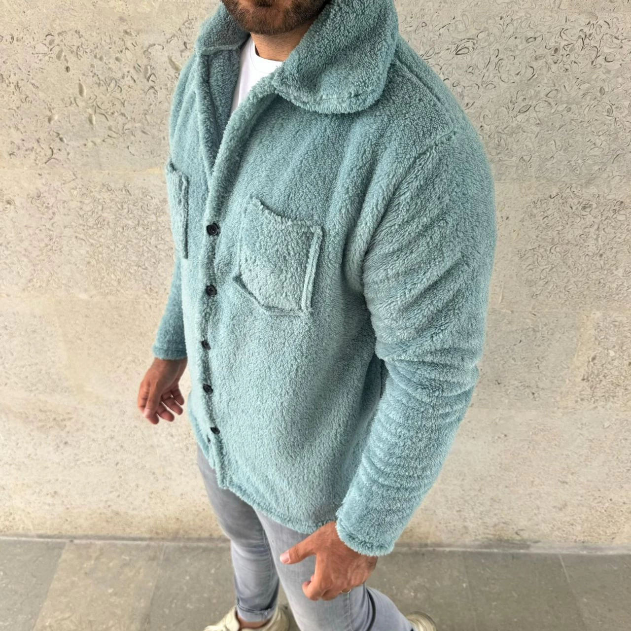 Erkek Pelüş Polar Hırka Gömlek – Yakalı, İlik Düğmeli, Göğüs Cepli, Yumuşak Dokulu Kışlık Regular Fit Rahat Günlük Model - Bebe Mavisi