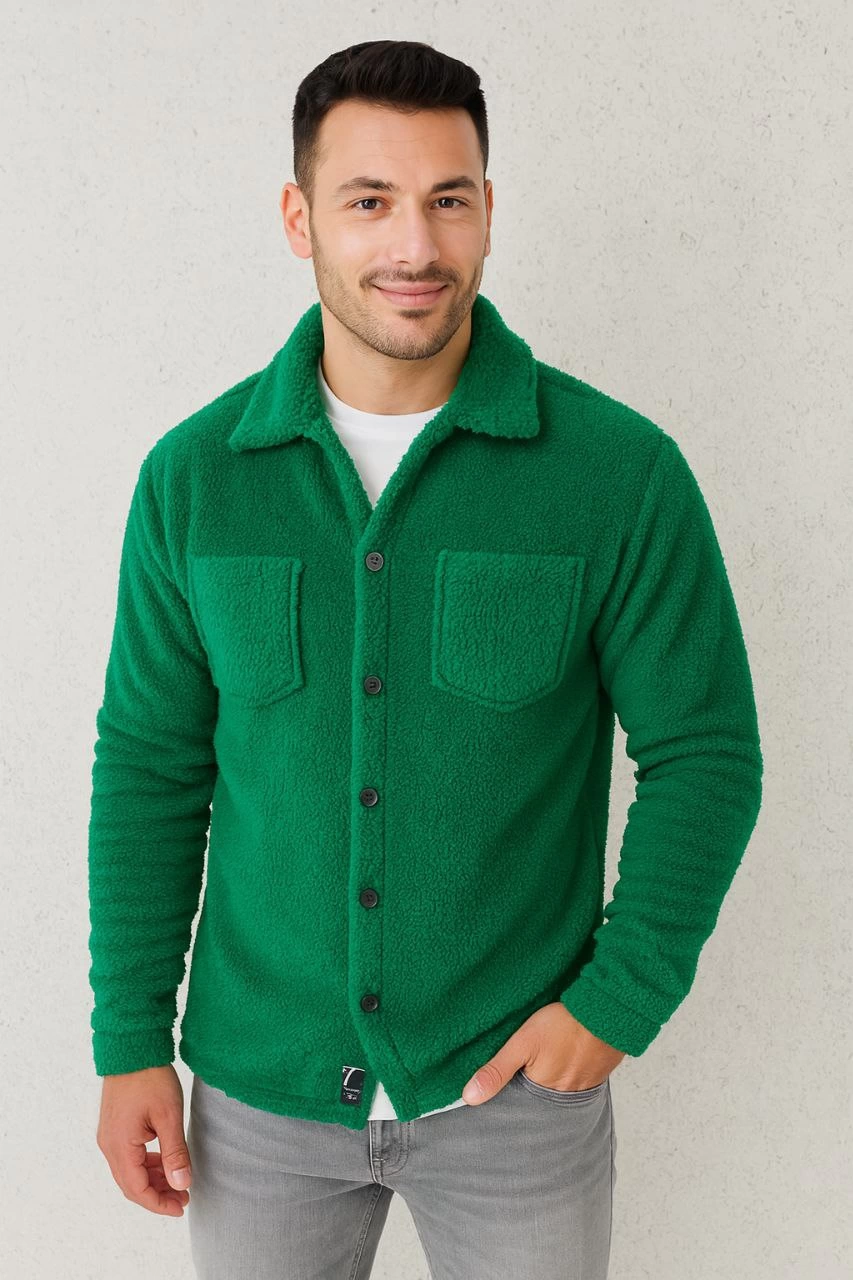 Erkek Pelüş Polar Hırka Gömlek – Yakalı, İlik Düğmeli, Göğüs Cepli, Yumuşak Dokulu Kışlık Regular Fit Rahat Günlük Model - Çimen Yeşili