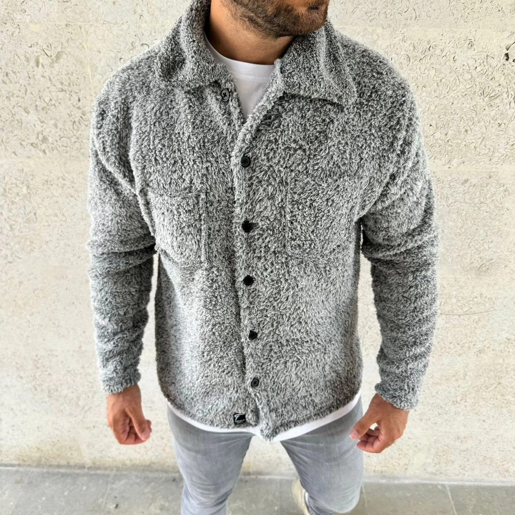 Erkek Pelüş Polar Hırka Gömlek – Yakalı, İlik Düğmeli, Göğüs Cepli, Yumuşak Dokulu Kışlık Regular Fit Rahat Günlük Model - Gri