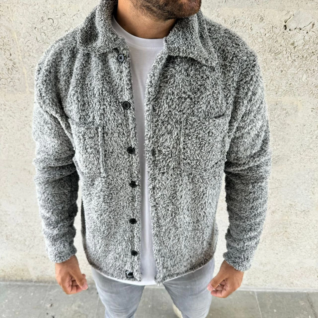 Erkek Pelüş Polar Hırka Gömlek – Yakalı, İlik Düğmeli, Göğüs Cepli, Yumuşak Dokulu Kışlık Regular Fit Rahat Günlük Model - Gri