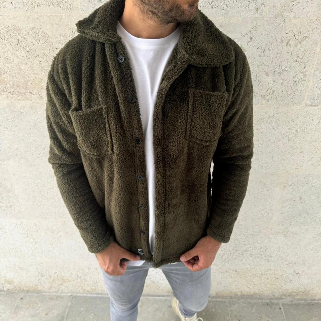 Erkek Pelüş Polar Hırka Gömlek – Yakalı, İlik Düğmeli, Göğüs Cepli, Yumuşak Dokulu Kışlık Regular Fit Rahat Günlük Model - Haki