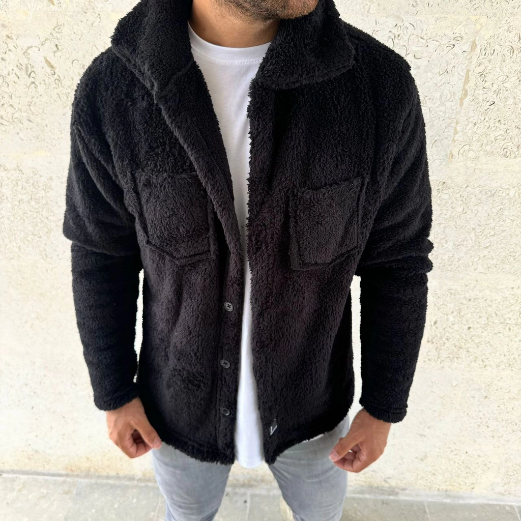 Erkek Pelüş Polar Hırka Gömlek – Yakalı, İlik Düğmeli, Göğüs Cepli, Yumuşak Dokulu Kışlık Regular Fit Rahat Günlük Model - Siyah